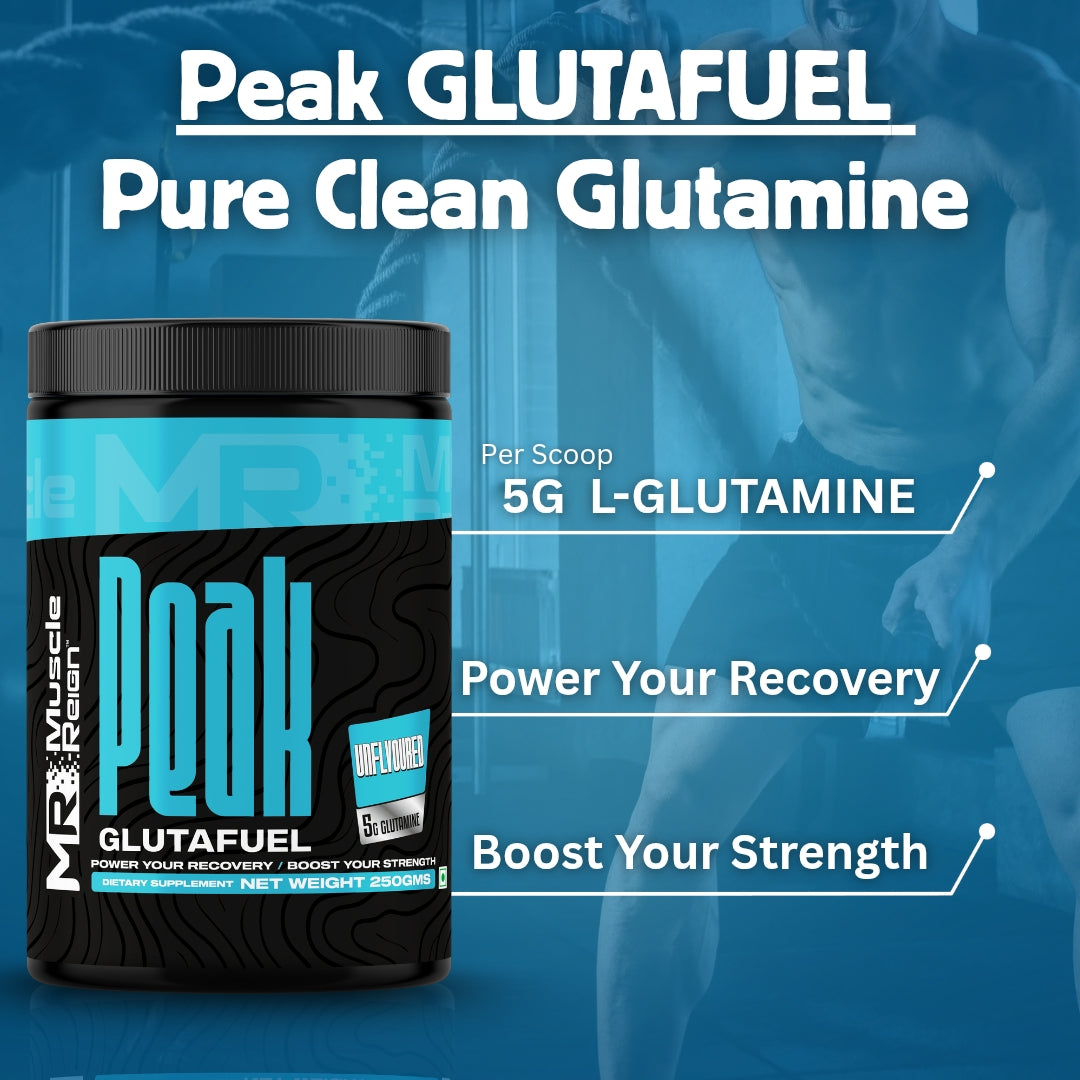Muscle Reign Peak Glutamine 350gm supplement container with a fitness background showing recovery benefits